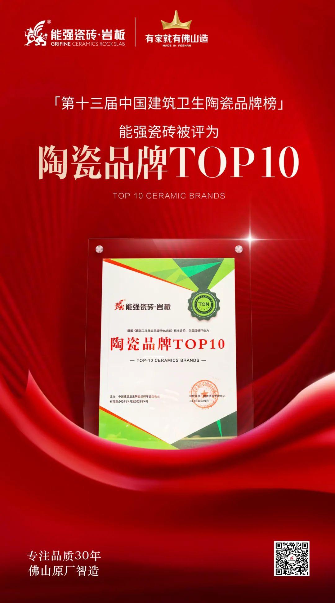 匠心榮耀丨能強(qiáng)瓷磚斬獲“陶瓷品牌TOP10”殊榮！